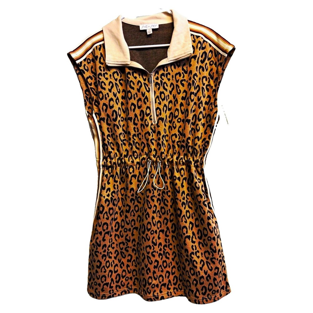 SHE + SKY Womens L Beige/Black Leopard Print Sleeveless Zip Collared Dress